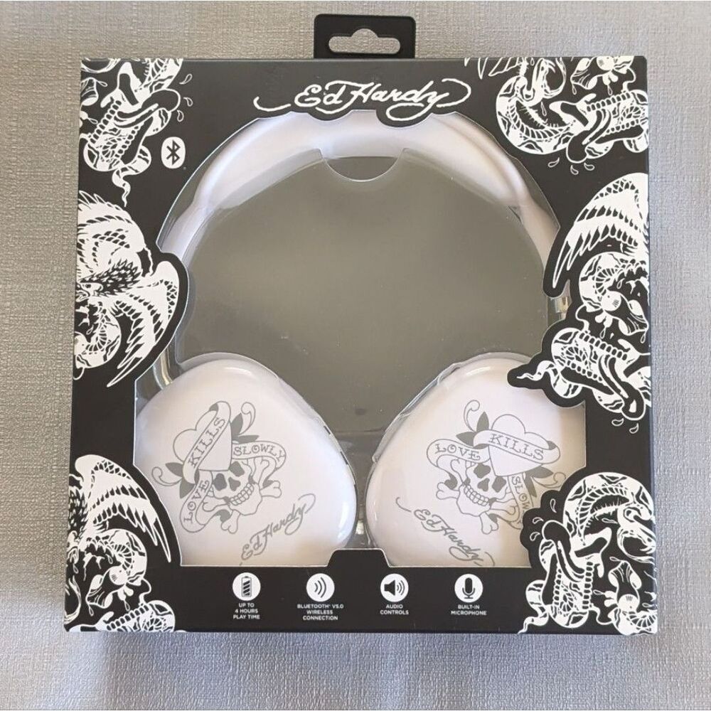 Ed Hardy Love Kills Slowly White Wireless Bluetooth Headphones NEW!